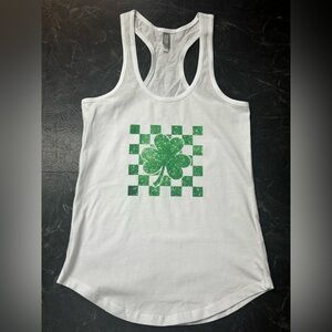 White Tank Top with Green Checkered Shamrock